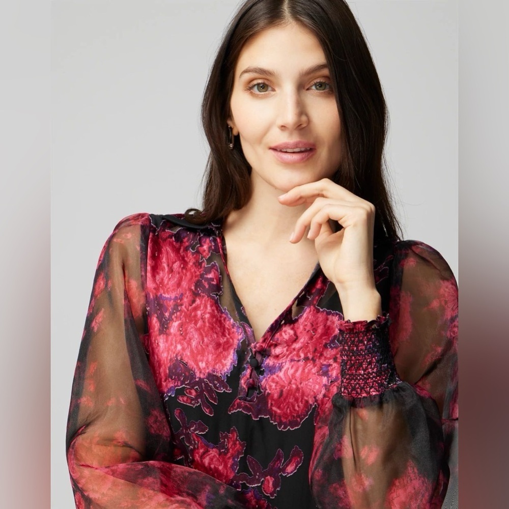 WHBM Organza Sleeve Silk Burnout Blouse - Picture 7 of 10